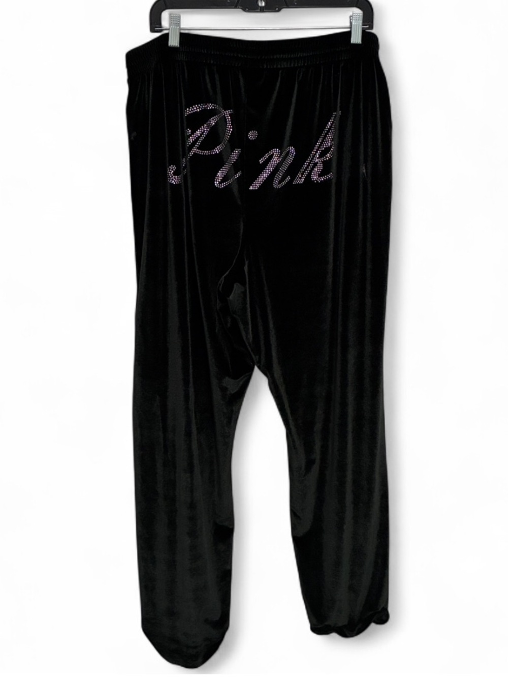 Pink Victoria’s Secret Rhinestone Logo Black Velour Sweatpants